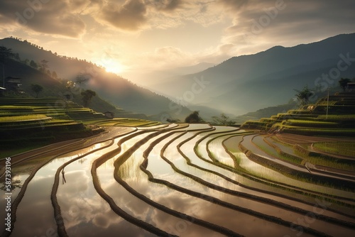 the sun is setting over the rice terraces in the mountainside area of a village in the mountainside area of a city in the philippines Fototapet