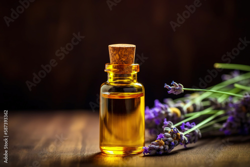 Essential lavender oil in glass bottle. Digital art