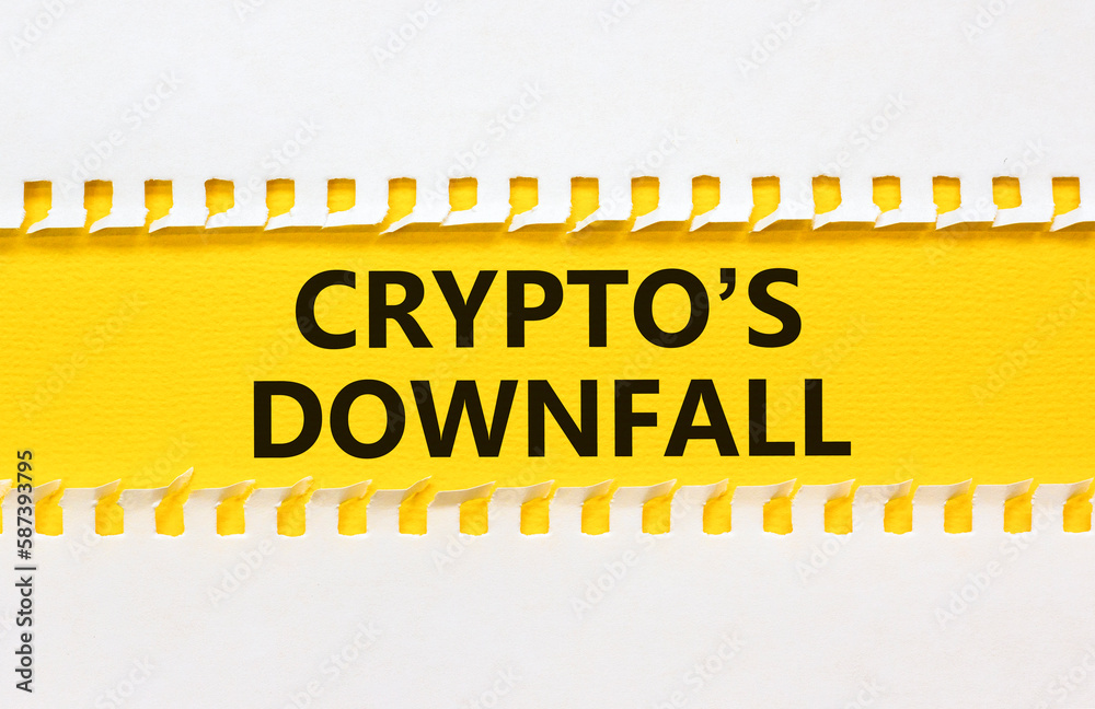 Obraz premium Crypto downfall symbol. Concept words Cryptos downfall on yellow paper. Beautiful yellow table white background. Business and crypto downfall concept. Copy space.
