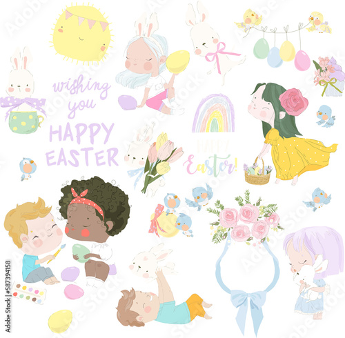 Vector Easter Set with Cute Children, Easter Eggs and Rabbits