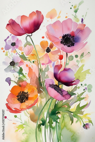 Pastel watercolor artwork with bouquet of spring flowers. Generative AI