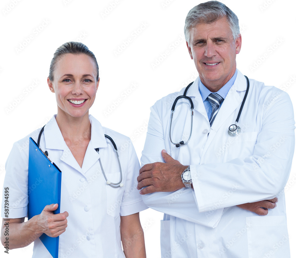 Portrait of male and female doctors smiling Portrait of male and female doctors smiling