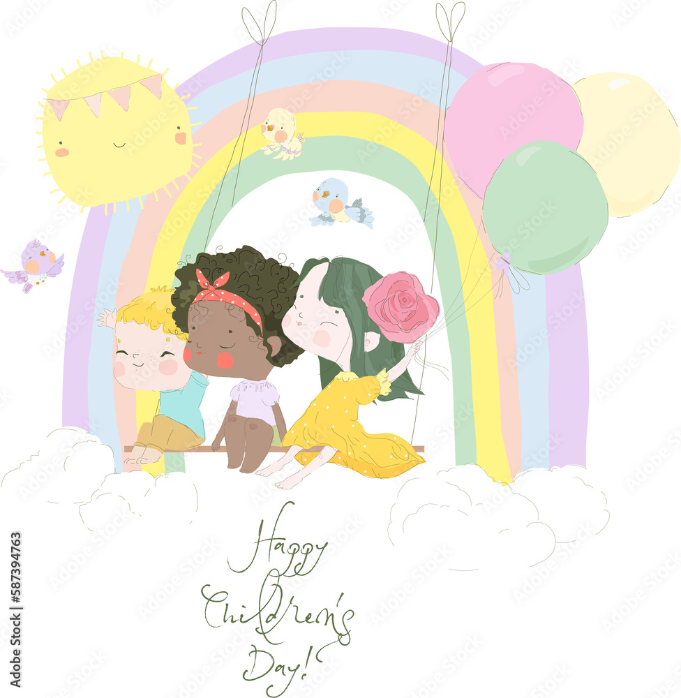 Cartoon Happy Kids swinging on Rainbow. Vector Illustration Cartoon Happy Kids swinging on Rainbow. Vector Illustration