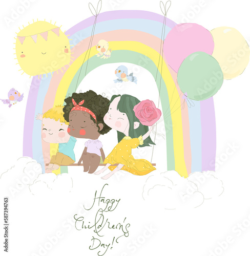 Cartoon Happy Kids swinging on Rainbow. Vector Illustration