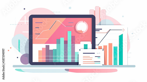 screen with charts and information representation of data science and big data in sorbet color pallet tones and in vector image style white background - generative ai