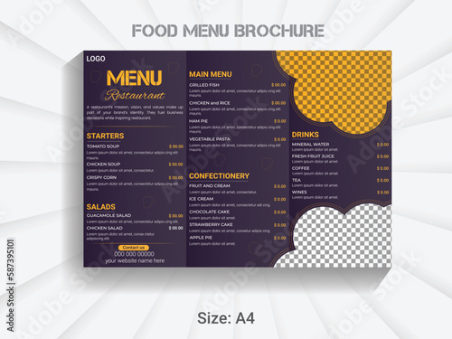 A4 size trifold brochure  food menu template. modern vector restaurant menu design layout.