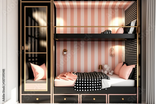 Modern interior design of woman or childrens bedroom with bunk. Super photo realistic background, generative ai	illustration
 photo