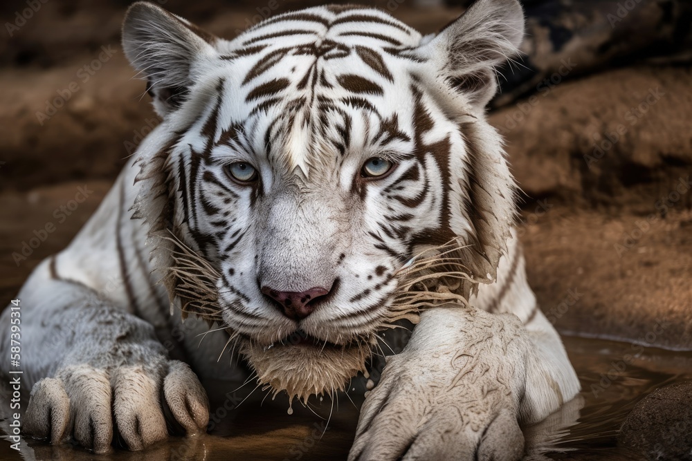 In Rajkot, India, a white tiger or bleached tiger is grooming, licking, and grooming his body fur. Generative AI In Rajkot, India, a white tiger or bleached tiger is grooming, licking, and grooming his body fur. Generative AI
