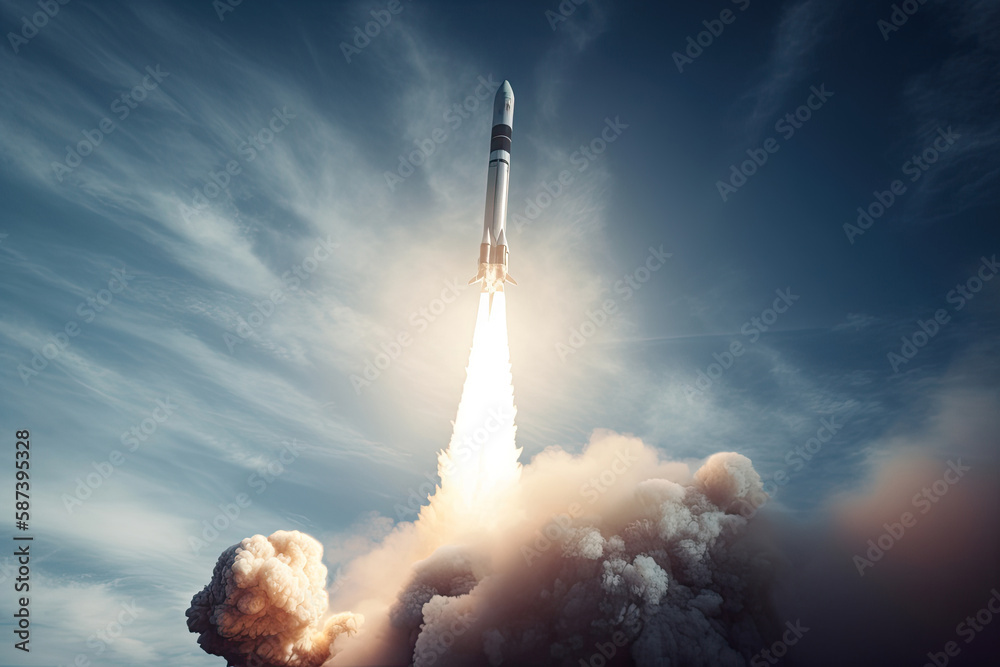 Rocket launch from cosmodrome. Fight of space rocket in blue sky. Space mission. Space Shuttle takeoff. Created with Generative AI