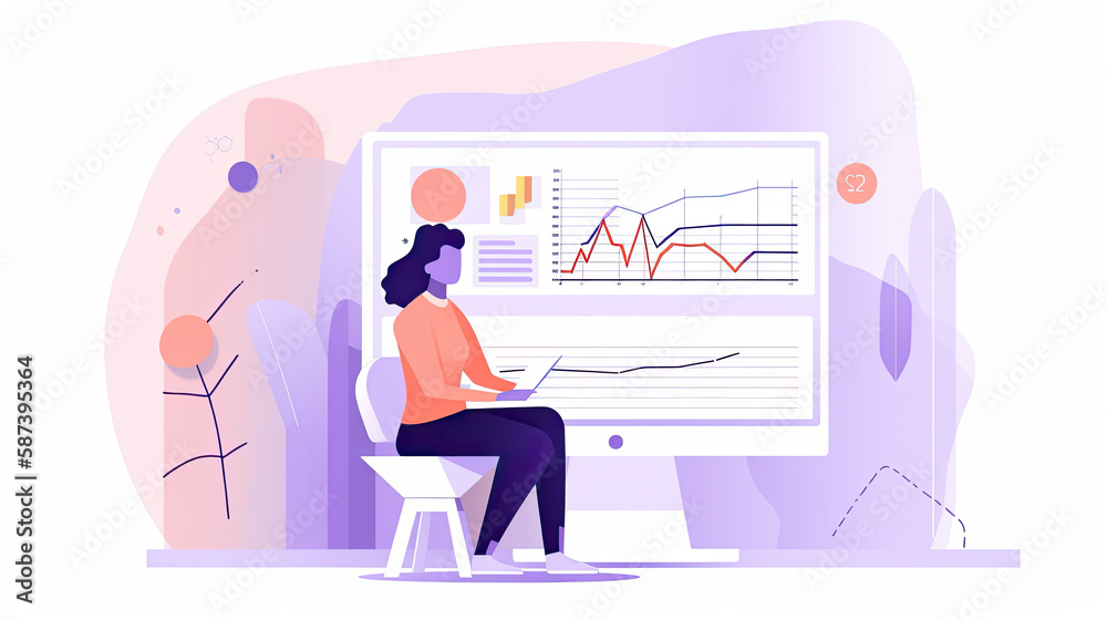 a woman in front of a computer with charts and data science representation in sorbet color pallet tones and in vector image style illustration - generative ai a woman in front of a computer with charts and data science representation in sorbet color pallet tones and in vector image style illustration - generative ai
