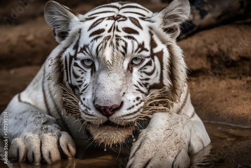 In Rajkot  India  a white tiger or bleached tiger is grooming  licking  and grooming his body fur. Generative AI