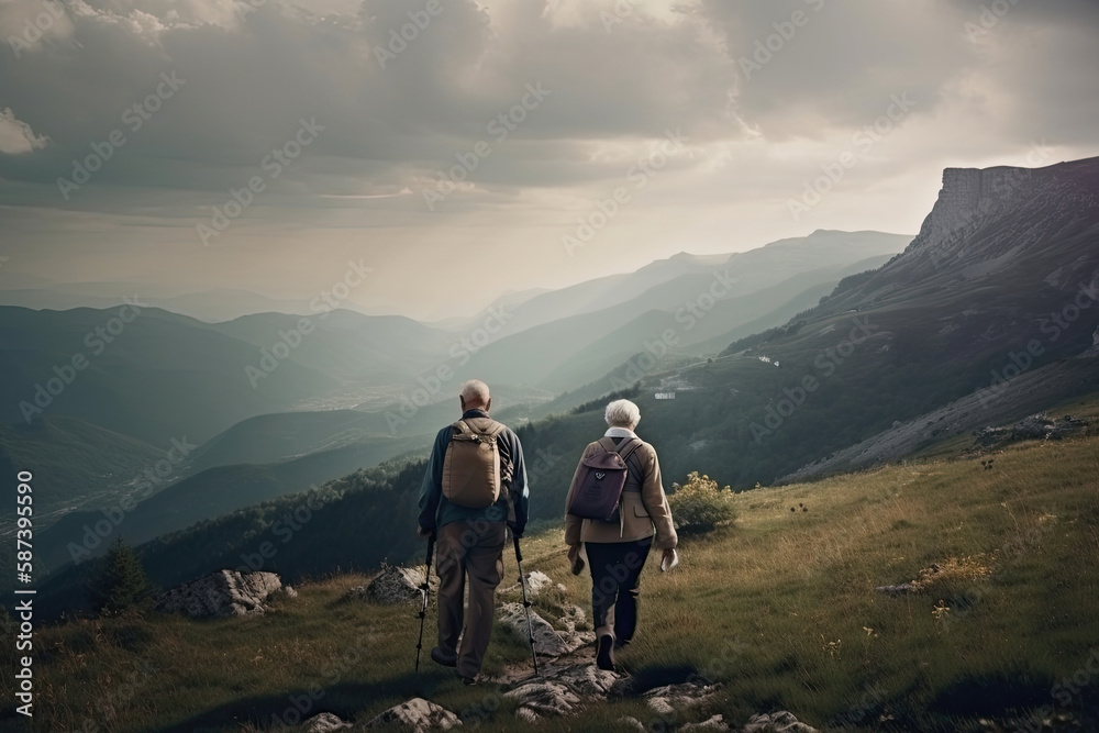 Senior couple hiking in mountains. Elderly tourists with bikepacks travelling outdoor. Active lifestyle in old age. Created with Generative AI