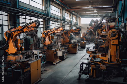 Robotic arms on the assembly line. Automated conveyor on factory. Created with Generative AI