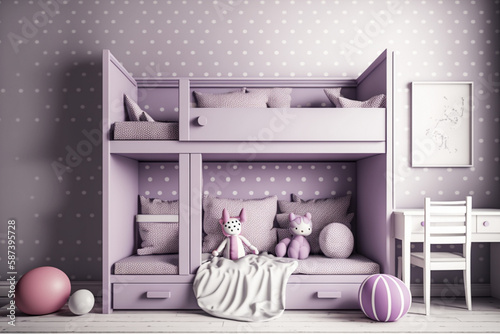 Modern interior design of woman or childrens bedroom with bunk. Super photo realistic background, generative ai	illustration
 photo