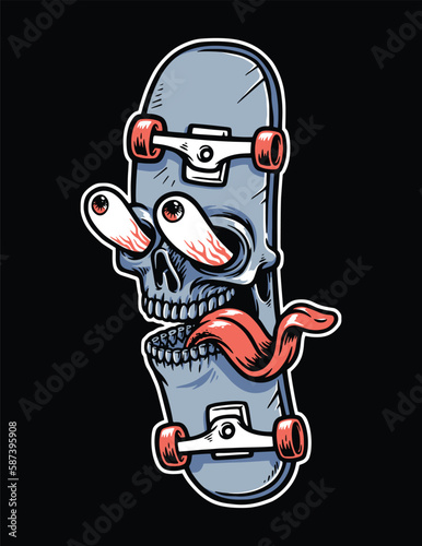 funny skull face skateboard illustration