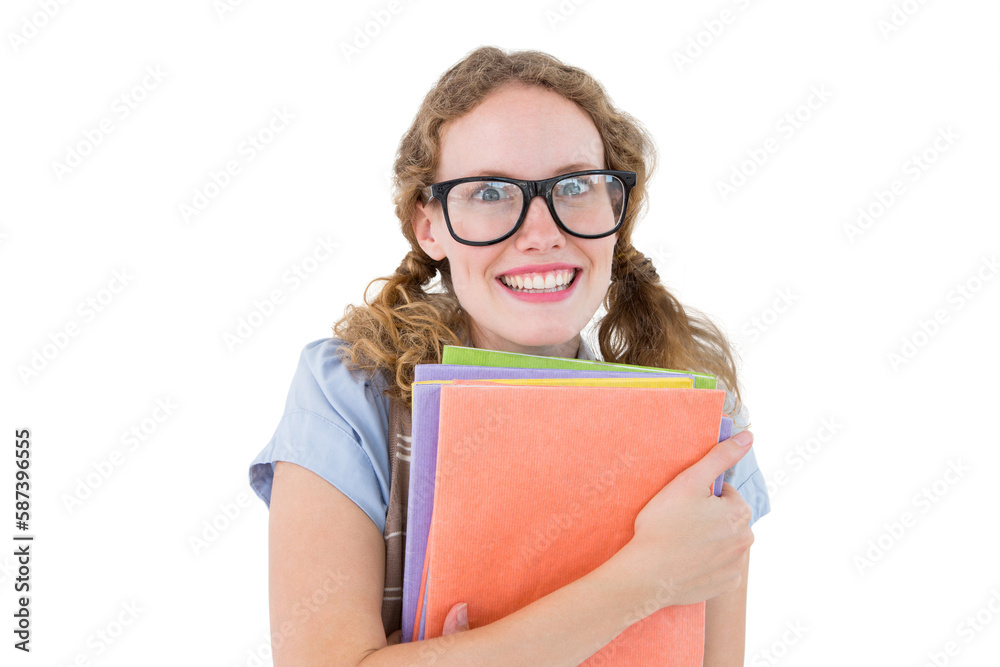 Geeky hipster woman holding files Geeky hipster woman holding files