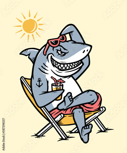 shark is sitting on a chair enjoying a drink