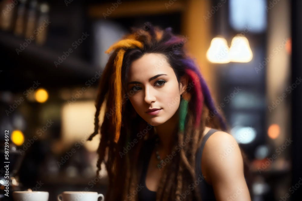 Portrait Professional brutal woman Barista with a fancy dreads and makes coffee in a modern coffee shop. Generative AI