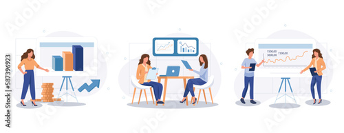 Business activities concept isolated person situations. Collection of scenes with people perform tasks, analyze data, develop project, success strategy. Vector illustration in flat design   © makyzz