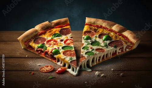 Photo of hot fresh and delicious pizza on wooden table