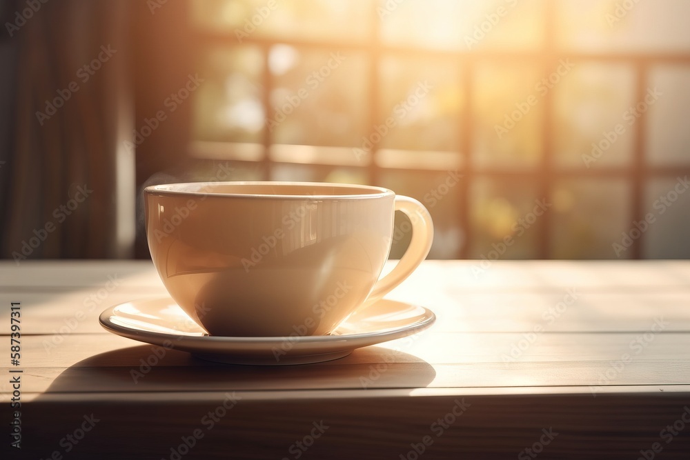 a cup of coffee sitting on top of a wooden table next to a window with the sun shining through the window panes in the background. generative ai a cup of coffee sitting on top of a wooden table next to a window with the sun shining through the window panes in the background. generative ai