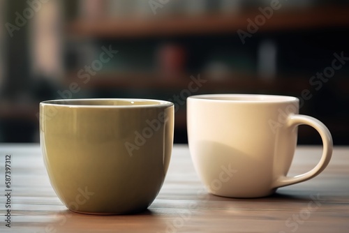  two coffee mugs sitting on a table in front of a book shelf in a library area of a library area with bookshelves in the background. generative ai