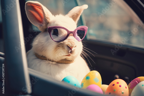 easter bunny with easter eggs and sunglasses 