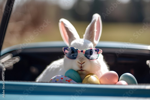 cute easter bunny with easter eggs and sunglasses