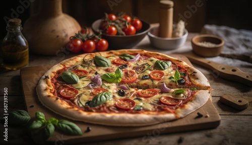 Photo of hot fresh and delicious pizza on wooden table