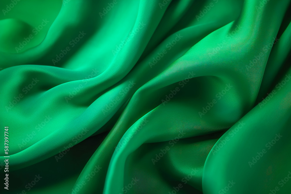 Fototapeta premium Texture of green silk fabric. Beautiful emerald green soft silk fabric background