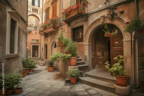 Alley in some old town in Europe - Generative AI