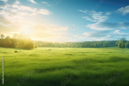 Background of a summer landscape with a green grass field and blue sky. Generative AI