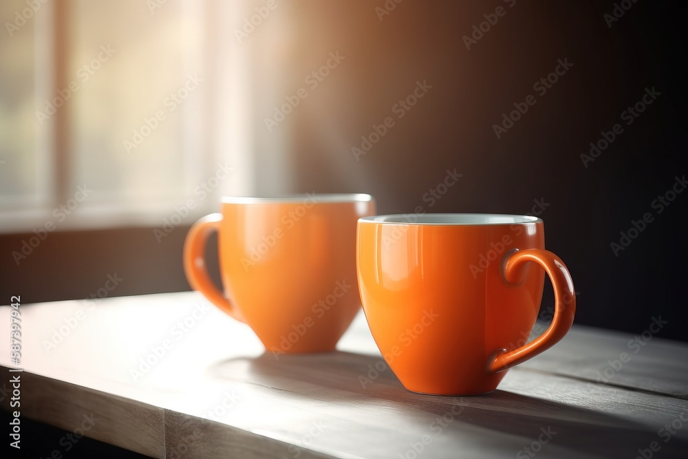 two orange coffee mugs sitting on a wooden table in front of a window with sunlight streaming through the window pane behind them,. generative ai two orange coffee mugs sitting on a wooden table in front of a window with sunlight streaming through the window pane behind them,. generative ai