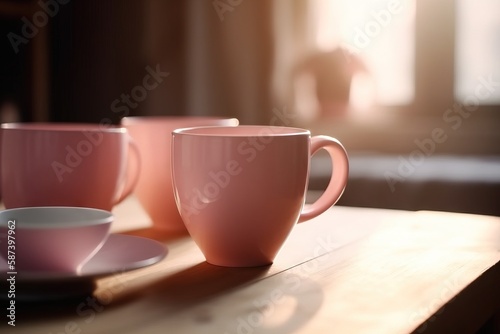  three cups and a saucer on a table with a person in the background in the background is a window and a person in the background. generative ai