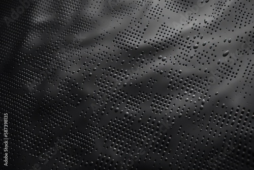  a black and white photo of water droplets on a metal surface with a black background and a white spot in the middle of the image. generative ai