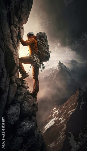 Mountaineer,, a man climbing a mountain, adventure. Generative Ai