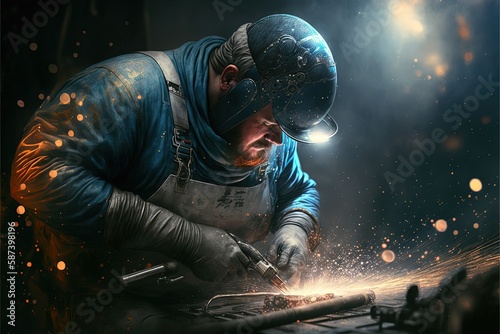 Man worker, welding some steel, in protective suit and helmet, Generative Ai. Fictional person.