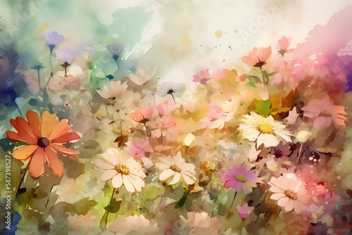 Wild flowers in the meadow  seasonal spring background. Watercolor painting. Generative AI.