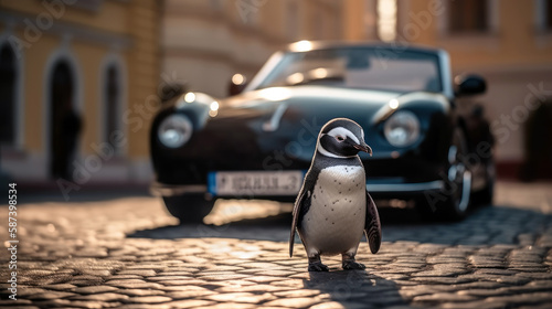 dapper penguin stands next to a luxurious sports car (created with Generative AI)