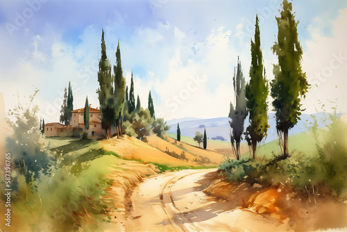 Dirt road in Tuscany. Watercolor painting. Generative AI.