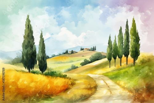 Dirt road in Tuscany. Watercolor painting. Generative AI.