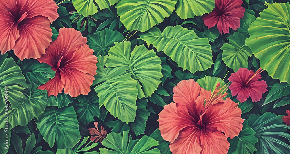 Decorative background with exotic tropical leaves and flowers. Generative AI	