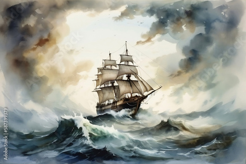 Watercolor old big ship at sea during storm, generative ai