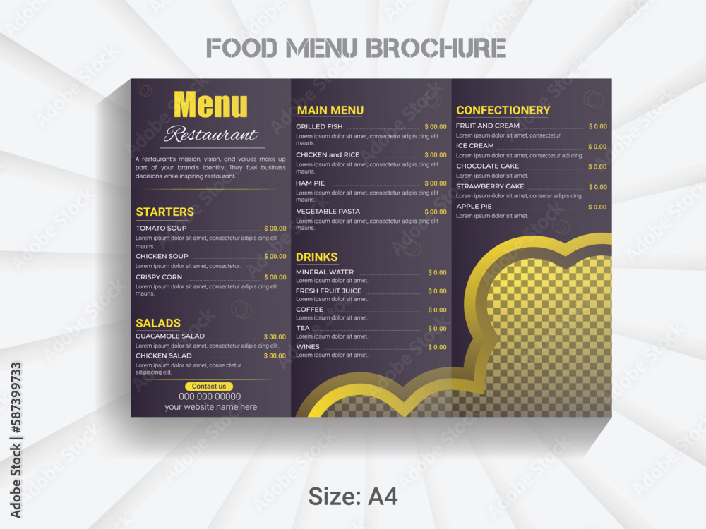 A4 size trifold brochure food menu template. modern vector restaurant