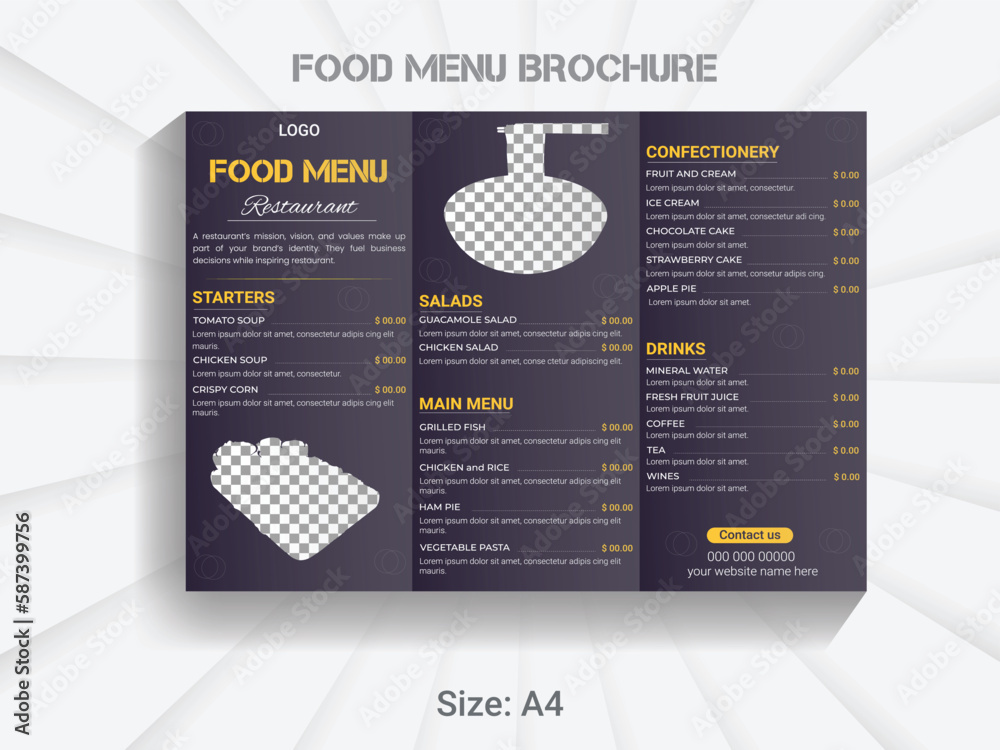 A4 size trifold brochure food menu template. modern vector restaurant