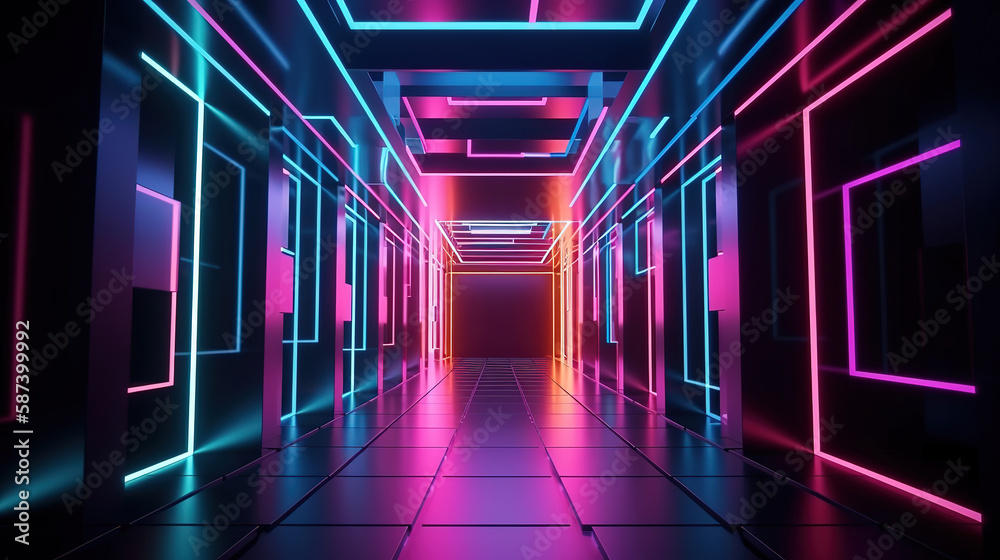 3d render, abstract geometric neon background. Generative Ai