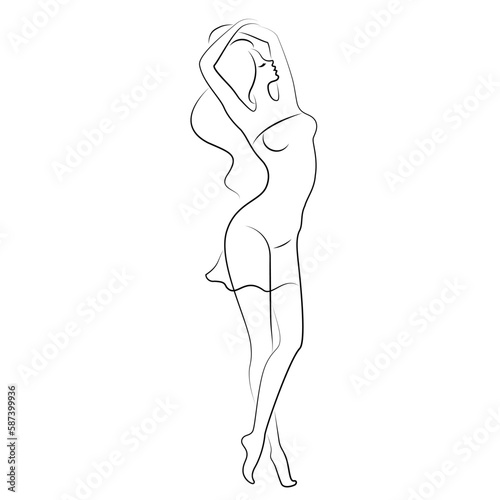 Woman silhouette in modern continuous line style. The girl is slim and beautiful. Lady suitable for aesthetic decor, posters, stickers, logo. Vector illustration.