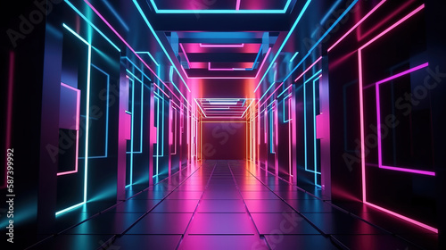 3d render, abstract geometric neon background. Generative Ai