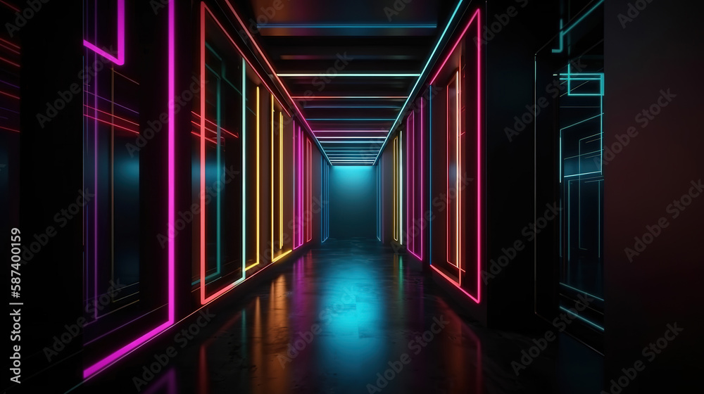 3d render, abstract urban background with empty room. Generative Ai