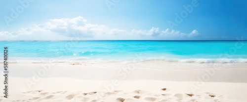Beautiful sand and blue sea water ocean view in summertime vacations banner Generative AI Illustration